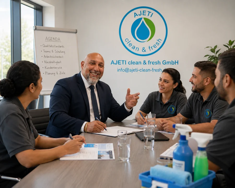 Beratungsgespräch bei AJETI clean & fresh: vier Personen am Tisch, Reinigungsmittel und Unterlagen, Firmenlogo an der Wand
