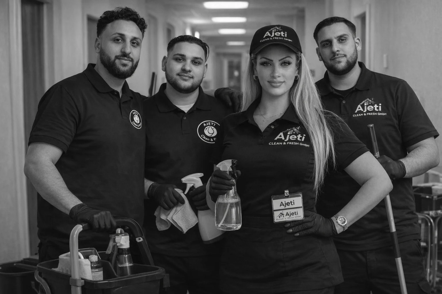 Vier Personen von AJETI clean & fresh mit Reinigungswagen in einem langen Gebäudeflur, Schwarz-Weiß-Aufnahme